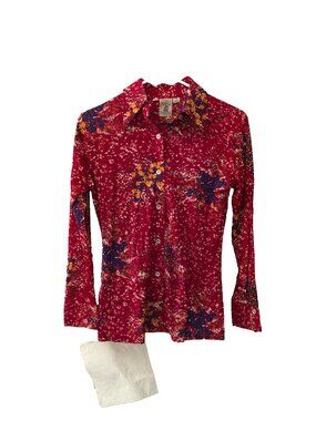 1970's Kennington Petite Floral Design Cotton Fabric Long Sleeve Shirt Sz 7/8